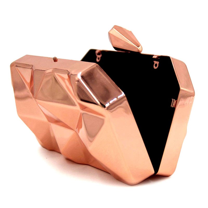 Reberomantic Women Lattice Pattern Metal Handbag Chain Geometric Evening Clutch Purse,Rose Gold - Image 2